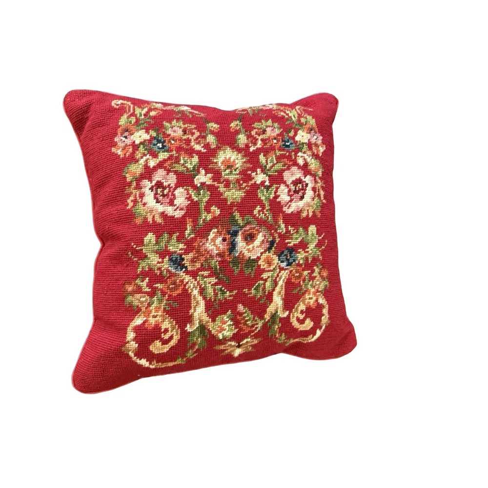 15" VTG  Needlepoint Victorian French Cottage Red Pillow  Elegant Rose Floral